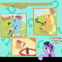 Size: 2000x2000 | Tagged: safe, artist:shipomaster, applejack, rainbow dash, scootaloo, twilight sparkle, g4, baseball, baseball bat, basketball, basketball net, bipedal, high res, horseshoes, kicking