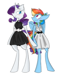 Size: 2637x3068 | Tagged: safe, artist:heeeeresizzy, rainbow dash, rarity, pegasus, unicorn, semi-anthro, g4, clothes, dress, female, high res, horn, lesbian, ship:raridash, shipping, simple background, transparent background