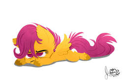 Size: 840x549 | Tagged: safe, artist:jigglybelle, scootaloo, g4, female, grumpy, prone, solo, unshorn fetlocks