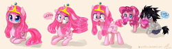 Size: 2500x715 | Tagged: safe, artist:zorbitas, pinkie pie, food pony, original species, pony, g4, adventure time, blushing, bubblegum, crossover, death note, dialogue, eating, l lawliet, male, open mouth, ponified, princess bubblegum, speech bubble