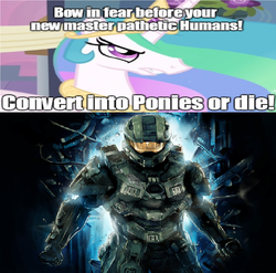 Size: 1036x1024 | Tagged: safe, princess celestia, g4, exploitable meme, halo (series), humanity fuck yeah, master chief, meme, xenolestia