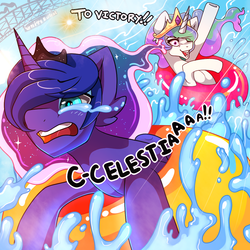 Size: 1160x1160 | Tagged: safe, artist:featherblot, princess celestia, princess luna, g4, crying, floaty, inner tube, open mouth, water
