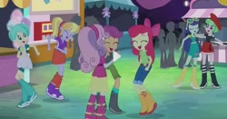 Size: 1243x651 | Tagged: safe, screencap, apple bloom, blueberry cake, cloudy kicks, curly winds, drama letter, scootaloo, some blue guy, sweetie belle, tennis match, watermelody, human, equestria girls, g4, rainbow rocks, ass, background human, boots, butt, cutie mark crusaders, dancing, shoes