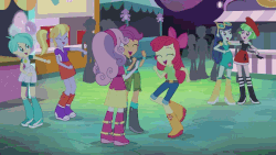 Size: 576x324 | Tagged: safe, screencap, apple bloom, blueberry cake, cloudy kicks, drama letter, scootaloo, sweetie belle, tennis match, watermelody, human, equestria girls, g4, perfect day for fun, rainbow rocks, adorabloom, animated, apple bloom's bow, ass, background human, boots, bow, butt, clothes, cute, cutealoo, cutie mark crusaders, dancing, diasweetes, eyes closed, female, hair bow, open mouth, shoes, sweet dreams fuel, sweetie butt