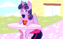 Size: 1024x645 | Tagged: safe, artist:nlckiminaj, twilight sparkle, alicorn, pony, g4, blushing, cup, cute, female, mare, mcdonald's, product placement, solo, straw, table, twilight sparkle (alicorn)