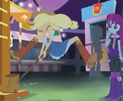 Size: 667x551 | Tagged: safe, screencap, applejack, crimson napalm, mystery mint, equestria girls, g4, my little pony equestria girls: rainbow rocks, perfect day for fun, background human, clothes, cropped, skirt, upskirt denied