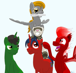 Size: 1610x1566 | Tagged: safe, artist:stillwaterspony, oc, oc only, oc:alexstrazsa, oc:rationale supposition, oc:royfury, oc:theferret, bat pony, ferret, pegasus, pony, unicorn, wrench