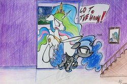 Size: 2048x1355 | Tagged: safe, artist:pelate, nightmare moon, princess celestia, g4, dialogue, traditional art