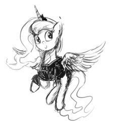 Size: 785x875 | Tagged: safe, artist:anticular, princess luna, alicorn, pony, lunadoodle, g4, clothes, earbuds, female, flying, hoodie, mare, monochrome, smiling, solo