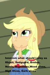 Size: 713x1080 | Tagged: safe, applejack, equestria girls, g4, female, image macro, meme, solo, the elder scrolls, thinkerjack