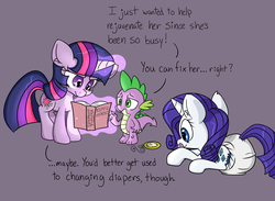 Size: 3000x2200 | Tagged: safe, artist:skitter, rarity, spike, twilight sparkle, dragon, pony, unicorn, g4, diaper, diaper fetish, female, high res, hypnosis, male, mare, mental regression, non-baby in diaper, pacifier, poofy diaper