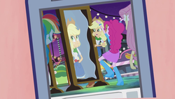 Size: 1280x720 | Tagged: source needed, useless source url, safe, edit, edited screencap, screencap, applejack, fluttershy, pinkie pie, rainbow dash, equestria girls, g4, my little pony equestria girls: rainbow rocks, perfect day for fun, baseball, boots, bracelet, clothes, food, high heel boots, hot dog, huh, jewelry, liar face, liarjack, meat, mirror, pinkie's amazing mirror, raised leg, rear view, sausage, scrunchy face, skirt