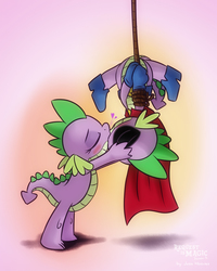 Size: 1280x1600 | Tagged: safe, artist:jcosneverexisted, spike, dragon, g4, power ponies (episode), barb, duo, female, humdrum costume, kiss on the lips, kissing, male, power ponies, rule 63, scene parody, selfcest, ship:spikebarb, shipping, spider-man, straight, suspended, upside down, upside down kiss