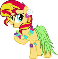 Size: 7530x7581 | Tagged: safe, artist:lunarina, sunset shimmer, pony, unicorn, g4, absurd resolution, clothes, female, flower in hair, grass skirt, hawaiian flower in hair, hula, hulashimmer, lei, simple background, skirt, solo, svg, transparent background, vector