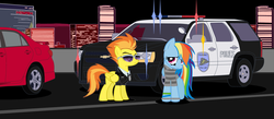 Size: 11096x4840 | Tagged: safe, artist:artistbrony, rainbow dash, spitfire, pegasus, pony, g4, absurd resolution, arrested, bracelet, car, chevrolet, chevrolet tahoe, chevy, cuffs, female, mare, piercing, police, police officer, sad, toyota, toyota corolla