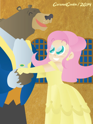 Size: 600x800 | Tagged: safe, artist:caramelcookie, fluttershy, harry, bear, g4, beauty and the beast, disney, shipping