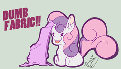Size: 1400x800 | Tagged: safe, artist:gordonion, sweetie belle, g4, :3, dumb fabric, fabric, female, glare, open mouth, simple background, sitting, smiling, solo, underhoof, wat