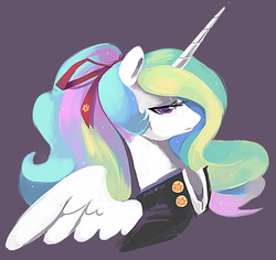 Size: 681x644 | Tagged: safe, artist:ende26, princess celestia, g4, alternate hairstyle, clothes, female, hair ribbon, hair tie, high ponytail, ponytail, school uniform, solo, spread wings