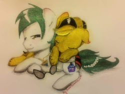 Size: 3264x2448 | Tagged: safe, artist:sweetheartannie, oc, oc only, oc:djdoctorwhooves, oc:lust mint, gay, high res, snuggling, traditional art