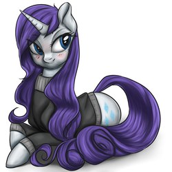 Size: 1024x1024 | Tagged: safe, artist:eternyan, artist:vardastouch, artist:yukomaussi, rarity, pony, unicorn, g4, alternate hairstyle, blushing, clothes, collaboration, female, mare, simple background, solo, sweater, white background