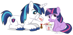 Size: 900x432 | Tagged: safe, artist:dm29, shining armor, twilight sparkle, g4, brother and sister, chinese food, chopsticks, cute, duo, eating, feed bag, female, filly, filly twilight sparkle, food, magic, male, shining adorable, simple background, soy sauce, teenage shining armor, transparent background, younger