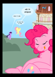 Size: 1100x1540 | Tagged: safe, artist:chubbyjam, fluttershy, pinkie pie, twilight sparkle, earth pony, pony, unicorn, comic:too many pinkie snacks, g4, too many pinkie pies, female, fetish, licking, licking lips, mare, pinkie clone, pinkie prey, tongue out, vore, you are what you eat