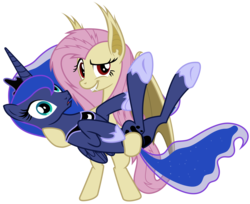 Size: 6000x4900 | Tagged: safe, artist:magister39, fluttershy, princess luna, alicorn, bat pony, pony, g4, :o, absurd resolution, bat ponified, bipedal, carrying, female, flutterbat, grin, holding a pony, lesbian, looking at you, lunabat, mare, race swap, raised eyebrow, ship:lunashy, show accurate, simple background, smiling, surprised, transparent background, vector, wide eyes