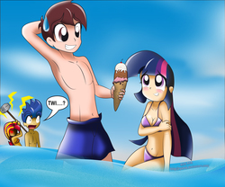 Size: 7087x5906 | Tagged: safe, artist:ryured, flash sentry, sunset shimmer, twilight sparkle, oc, oc:andres vargas, human, g4, absurd resolution, armpits, blushing, breasts, busty twilight sparkle, cleavage, clothes, female, humanized, ice cream, male, ship:flashimmer, shipping, sledgehammer, straight, topless