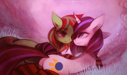 Size: 1200x710 | Tagged: safe, artist:foxinshadow, oc, oc only, oc:sony, earth pony, pony, unicorn, bedroom eyes, belly button, clothes, eye contact, female, lesbian, on side, pregnant, prone, smiling, socks, striped socks