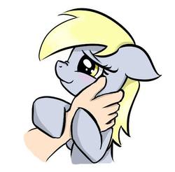 Size: 466x458 | Tagged: safe, artist:ophdesigner, derpy hooves, human, pony, bedroom eyes, blushing, cute, daaaaaaaaaaaw, derpabetes, disembodied hand, doing loving things, female, floppy ears, heartwarming, hug, mare, nose wrinkle, petting, simple background, smiling, sweet dreams fuel, white background
