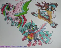 Size: 1024x821 | Tagged: safe, artist:emr0304, oc, oc only, oc:gallow wisp, oc:jingles, oc:strawberry glimmer, changeling, rainbow power, rainbow power-ified, traditional art