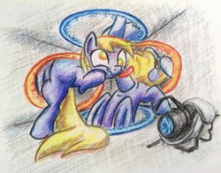 Size: 1024x802 | Tagged: safe, artist:dynamiclines, derpy hooves, pegasus, pony, g4, crossover, female, mare, now you're thinking with portals, portal, portal (valve), portal gun, solo, tongue out, traditional art