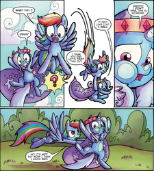 Size: 1254x1394 | Tagged: safe, artist:agnes garbowska, idw, official comic, rainbow dash, trixie, pegasus, pony, unicorn, friends forever #6, g4, my little pony: friends forever, spoiler:comic, comic, female, force field, mare, pushing, squishy cheeks