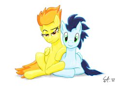 Size: 1024x724 | Tagged: safe, artist:sat-fu, soarin', spitfire, g4, female, male, ship:soarinfire, shipping, straight