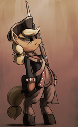 Size: 1500x2439 | Tagged: safe, artist:dimfann, applejack, earth pony, pony, semi-anthro, g4, american revolution, army, bipedal, clothes, female, gun, musket, simple background, solo, uniform, weapon