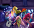 Size: 2400x2000 | Tagged: safe, artist:misspolycysticovary, idw, applejack, fluttershy, pinkie pie, rainbow dash, rarity, twilight sparkle, alicorn, pony, g4, bedroom eyes, blanket, comic, cute, digital art, eye contact, female, glowing, high res, holding hooves, lesbian, mane six, open mouth, scene interpretation, ship:twijack, shipping, shipping fuel, sleep mask, sleeping, sleepover, twilight sparkle (alicorn)