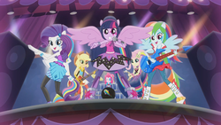 Size: 1440x810 | Tagged: safe, screencap, applejack, fluttershy, pinkie pie, rainbow dash, rarity, twilight sparkle, equestria girls, g4, my little pony equestria girls: rainbow rocks, perfect day for fun, female, ponied up, the rainbooms