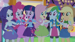 Size: 1440x810 | Tagged: safe, screencap, applejack, fluttershy, pinkie pie, rainbow dash, rarity, twilight sparkle, alicorn, equestria girls, g4, my little pony equestria girls: rainbow rocks, perfect day for fun, clothes, cutie mark on clothes, female, humane five, humane six, skirt, twilight sparkle (alicorn)