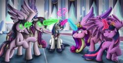Size: 1500x775 | Tagged: safe, artist:jamescorck, princess cadance, shining armor, twilight sparkle, alicorn, changeling, pony, g4, angry, bipedal, confused, crystal palace, disguise, disguised changeling, female, floppy ears, frown, glare, glowing eyes, gritted teeth, head tilt, looking at you, magic, mare, messy mane, question mark, raised eyebrow, raised hoof, rearing, shining armor gets all the mares, sitting, spread wings, twilight sparkle (alicorn), wide eyes