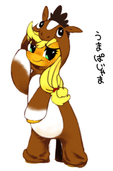 Size: 509x773 | Tagged: safe, artist:30clock, applejack, earth pony, pony, g4, animal costume, bipedal, clothes, costume, cute, female, jackabetes, japanese, kigurumi, simple background, solo