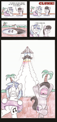 Size: 2480x5262 | Tagged: safe, artist:bobthedalek, dj pon-3, octavia melody, vinyl scratch, earth pony, pony, unicorn, g4, bipedal, comic, diving board, palm tree, rocket, running, swimming pool, thunderbird 1, thunderbirds, tracy island, traditional art, tree