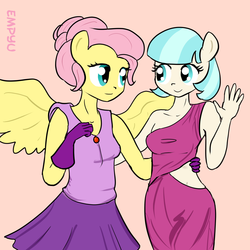 Size: 1000x1000 | Tagged: safe, artist:empyu, coco pommel, fluttershy, earth pony, anthro, g4, 30 minute art challenge, ambiguous facial structure, clothes, dress, duo, female, simple background