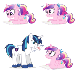Size: 960x920 | Tagged: safe, artist:dm29, princess cadance, shining armor, alicorn, pony, unicorn, g4, chinese food, confused, cute, cutedance, duo, eye contact, feed bag, female, horse problems, lidded eyes, looking at each other, looking down, male, mare, onomatopoeia, reading, sad, shining adorable, shining armor is a goddamn moron, simple background, smiling, stallion, stuck, teen princess cadance, teenage shining armor, transparent background, whimpering, wide eyes