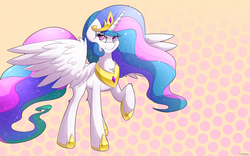 Size: 4800x3000 | Tagged: safe, artist:thebatfang, princess celestia, alicorn, pony, g4, female, high res, mare, raised hoof, simple background, solo, spread wings
