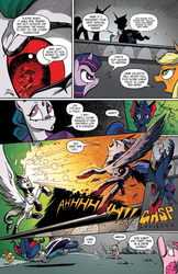 Size: 685x1054 | Tagged: safe, idw, official comic, applejack, king sombra, pinkie pie, princess celestia, princess luna, spike, twilight sparkle, alicorn, dragon, earth pony, pony, g4, reflections, spoiler:comic, spoiler:comic20, beam, betrayal, breaking the fourth wall, butt, comic, deception, evil celestia, evil counterpart, evil luna, eye reflection, eyes closed, female, fourth wall, glare, good king sombra, magic, mare, meme origin, mirror universe, one hit kill, open mouth, plot, pointing, reflection, reflections drama, spread wings, this is a kid's comic, twilight sparkle (alicorn), wide eyes
