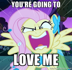 Size: 500x489 | Tagged: safe, edit, edited screencap, screencap, fluttershy, pegasus, pony, g4, artifact, clothes, dress, female, flutterrage, gala dress, image macro, mare, meme, solo, you're going to love me