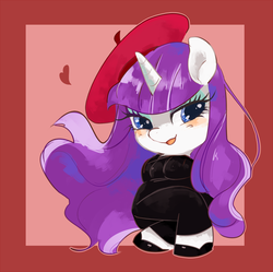 Size: 600x597 | Tagged: safe, artist:29axa, rarity, pony, unicorn, g4, beatnik rarity, bedroom eyes, beret, clothes, female, frame, hat, heart, looking at you, pixiv, solo