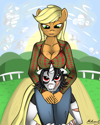 Size: 2000x2500 | Tagged: safe, artist:malamol, applejack, oc, anthro, g4, boob freckles, boobhat, breasts, duo, high res