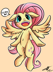 Size: 2800x3800 | Tagged: safe, artist:kyodashiro, fluttershy, pegasus, pony, g4, belly button, female, floppy ears, friday, happy, high res, open mouth, open smile, orange background, simple background, smiling, solo, speech bubble