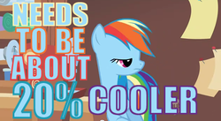 Size: 627x343 | Tagged: safe, screencap, rainbow dash, g4, 20% cooler, artifact, blue text, female, image macro, meme, solo